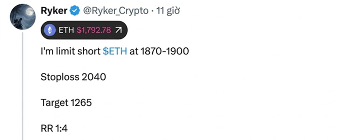 The image shows a social media post by Ryker from January 18, 2015. The post features a screenshot of an Etherlink account where he mentions the value $1,098.86. This caption reads "Ryker view ETH về 1265 Mình nằm mơ cũng thấy ETH về mức này AE nghĩ sao về điều này". The post is a Twitter account that shares information about theetherlink cryptocurrency.