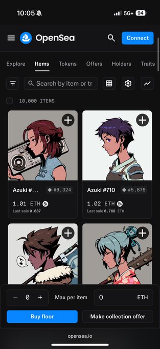 Mobile screenshot of the OpenSea NFT marketplace displaying items from the Azuki collection, including 'Azuki #9324' and 'Azuki #710' with prices in ETH, on opensea.io.