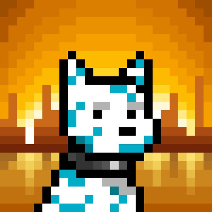 A pixel art image of a white and teal cat-like character with an ear notch and a flat expression against an orange sunset background.