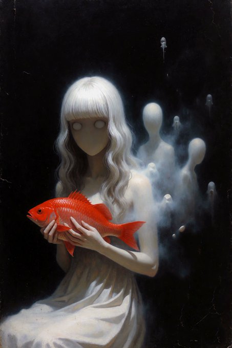 Surreal dark painting of a pale girl with white wavy hair and blank eyes in a white dress, holding a bright red fish, while ghostly white figures emerge from smoke in the background.