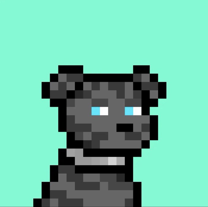 A pixel art portrait of a dark gray, blocky creature or character with cyan and white eyes against a solid mint green background.