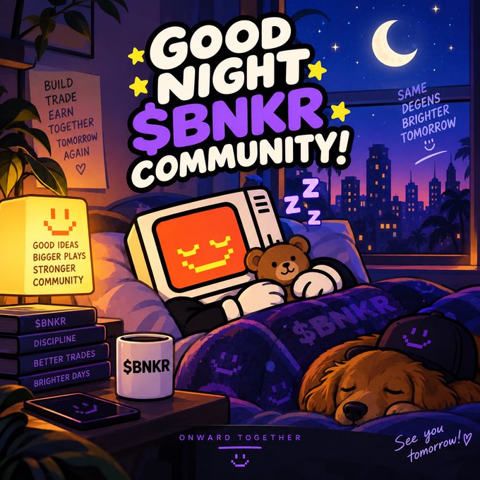 An illustration depicts a cozy nighttime scene with a computer monitor and a dog in bed, accompanied by the text 'GOOD NIGHT $BNKR COMMUNITY!' and various community messages.