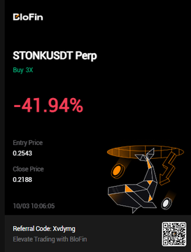 A BloFin trade alert displays a "STONKUSDT Perp" long position that closed at a -41.94% loss, with the entry price at 0.2543 and close price at 0.2188 on 10/03. The graphic illustrates how the user's stop loss was triggered on the $STONK trade, resulting in the significant percentage loss shown.