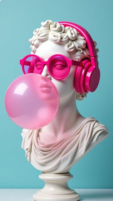 A classical white bust is styled with modern accessories, wearing bright pink round sunglasses, pink headphones, and blowing a pink bubblegum bubble against a teal background.