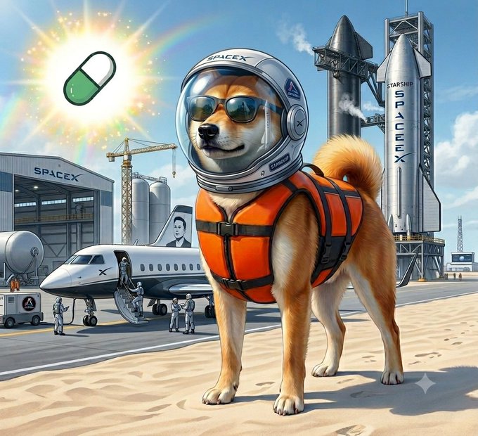 The image features a brown dog wearing an orange life jacket, standing next to a jet ski with a "JETDOG" logo on its side. The background shows a beach scene with a rocket ship and a building nearby. The caption of the image reads "Who said we only ride waves? The jetski was just the warmup. We'r upgrading to Starships because the next stop is the MOON. Buckle up! $JETDOG #spacex #tesla #solana #btc".