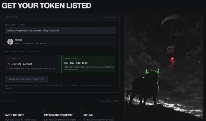 A webpage titled 'GET YOUR TOKEN LISTED' showing a listing fee form with the token name '$HORSE', a burn amount of '78,369.91 $ANSEM' (~$25,000), and an airdrop of '635,162,602 $HOR', alongside a dark fantasy image of a bull with glowing green horns.