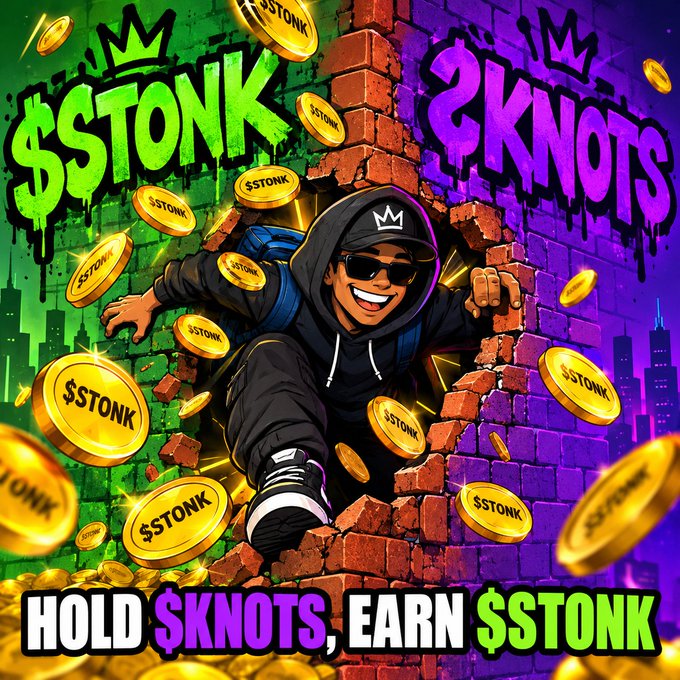 A vibrant meme-style graphic shows a cartoon figure in a hoodie bursting through a brick wall, surrounded by gold '$STONK' and purple '$KNOTS' coins, with the text 'HOLD $KNOTS, EARN $STONK' at the bottom.