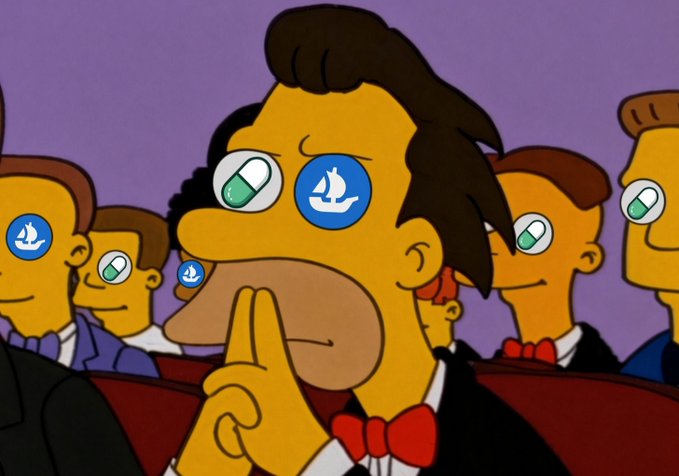 A Simpsons cartoon parody showing characters with OpenSea and Ethereum logo eyes, depicting crypto enthusiasts.