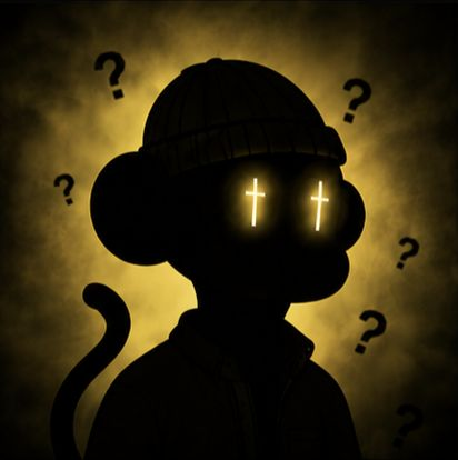 A dark silhouette illustration of a cartoonish monkey character wearing a beanie, with glowing cross-shaped eyes, set against a yellow smoky background surrounded by question marks.