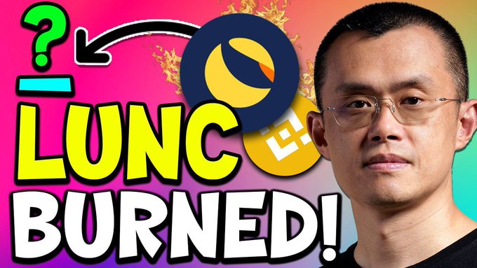 A YouTube thumbnail features a serious-looking man with glasses on the right side, while the left displays a vibrant gradient background with a burning Terra Classic (LUNC) coin graphic, a question mark, an arrow, and bold text reading "LUNC BURNED!"—visually promoting the announcement that Binance is set to burn billions of LUNC tokens.