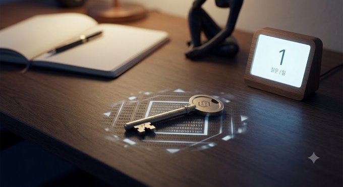 A wooden desk scene with a silver key, an open notebook, and a small digital clock displaying '1' and Korean date characters.