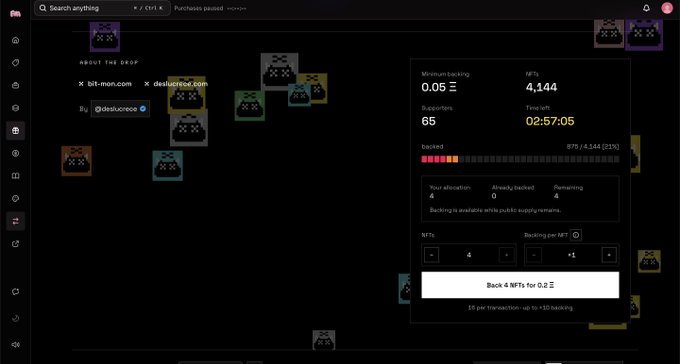 A dark-themed blockchain interface titled 'ABOUT THE DROP' showing minimum backing of 0.05 ETH, NFTs of 4,144, 65 supporters, and a 'Back 4 NFTs for 0.2' option.
