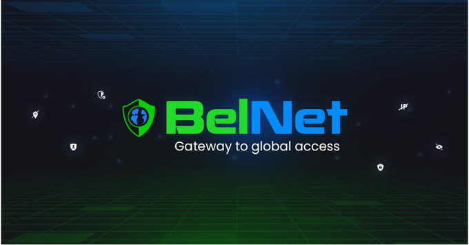 A digital banner for "BelNet" with the tagline "Gateway to global access" featuring a green and blue shield logo on a dark grid background.