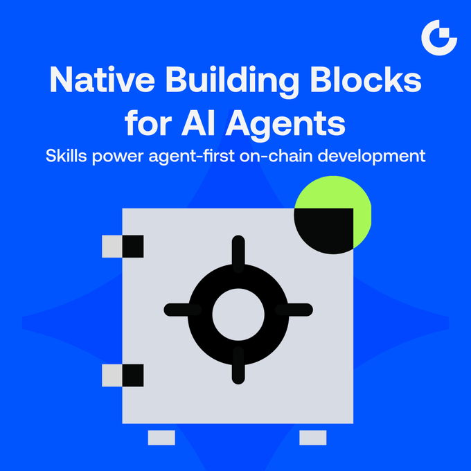 A blue promotional graphic with a 'G' logo, featuring the text 'Native Building Blocks for AI Agents' and 'Skills power agent-first on-chain development' above a white safe with a green circle.
