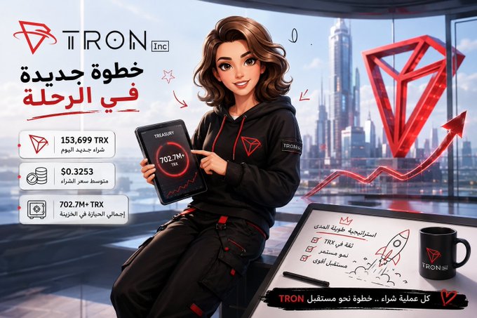A promotional graphic for TRON Inc featuring a woman in branded black attire holding a tablet displaying "702.7M+ TRX" against a cityscape with an upward-trending chart, with Arabic text translating to "A new step on the journey" and key stats: 153,699 TRX purchased at $0.3253, bringing the treasury to 702.7M+ TRX—visually reinforcing the post's message of TRON Inc's strategic accumulation.