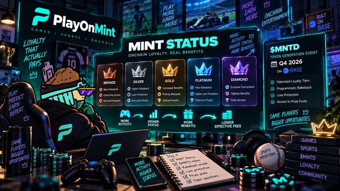 A promotional graphic for PlayOnMint Games featuring a masked character and a 'MINT STATUS' section detailing loyalty tiers (Bronze, Silver, Gold, Platinum, Diamond) with an upcoming $MNTD token generation event on Base.