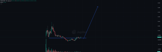 A crypto price chart for $TOAD shows recent consolidation in a sideways range with a bullish flag pattern forming, followed by a dramatic projected breakout surge upward—visually supporting the claim that "Next week is gonna be crazy for $TOAD."