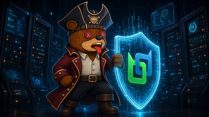 A cartoon bear pirate with X-marked eyes and a lolling tongue stands confidently in a dark server room, holding up a glowing blue shield emblazoned with the green "BDX" logo of Beldex. The image visually reinforces the post's message about Beldex's privacy tools shielding users from pervasive online tracking by presenting a mascot actively defending against surveillance in a data center setting.