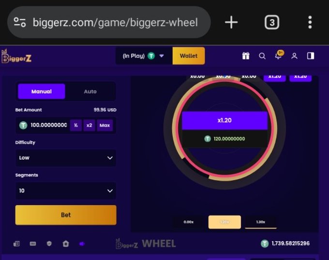 A screenshot of the biggerz.com game "biggerz-wheel" shows a betting interface with a bet amount of 99.96 USD and a balance of 1,739.56 USD.