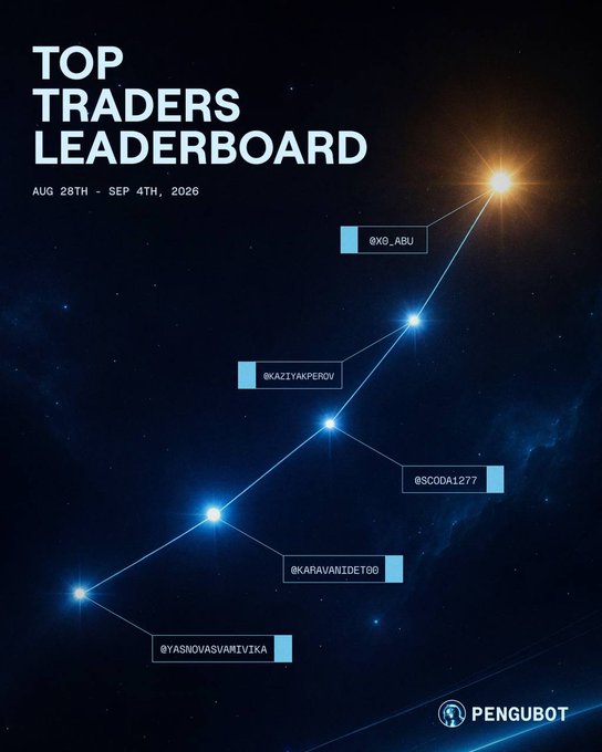 A "TOP TRADERS LEADERBOARD" graphic for PENGUBOT (Aug 28th - Sep 4th, 2026), displaying ranked usernames (@XG_ABU, @KAZIYAKPEROV, @SCODA1277, @KARAVANIDETOO, @YASNOVASVAMIVIKA) against a starry space background.