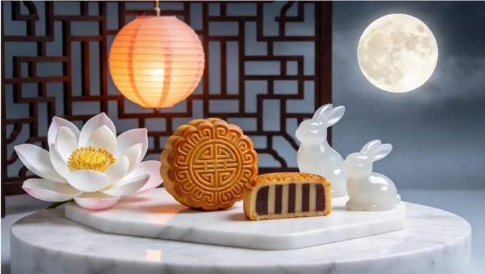 A traditional mooncake with a decorative longevity symbol sits beside two white jade rabbit figurines, a glowing lotus, and a paper lantern under a luminous full moon. The serene scene captures the essence of the accompanying poem "海上生明月，天涯共此时，中秋快乐！" (A bright moon rises over the sea, shared by all at this moment—Happy Mid-Autumn Festival!), with the rabbit symbolizing the legendary Moon Goddess Chang'e and the round mooncake and moon representing reunion.