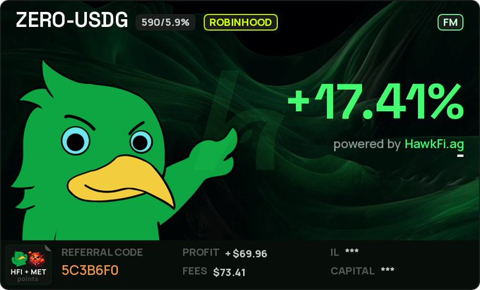 A digital trading card displaying 'ZERO-USDG' with a +17.41% gain, a Robinhood logo, and a green cartoon bird character on a dark background.