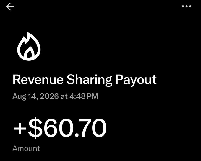 A mobile app screen displaying a 'Revenue Sharing Payout' of +$60.70 dated Aug 14, 2026 at 4:48 PM.