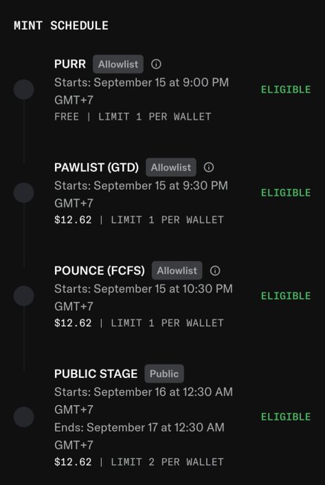 A NFT mint schedule detailing four tiers: PURR (free, allowlist, Sept 15 at 9:00 PM GMT+7), PAWLIST GTD ($12.62, allowlist, Sept 15 at 9:30 PM), POUNCE FCFS ($12.62, allowlist, Sept 15 at 10:30 PM), and Public Stage ($12.62, public, Sept 16 at 12:30 AM - Sept 17 at 12:30 AM), with all stages showing "ELIGIBLE" status—aligning with the user's excitement to mint on mint day.