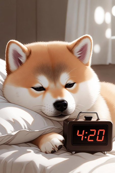 An illustration shows a sleepy-looking Shiba Inu resting its head on a white pillow next to a digital alarm clock displaying "4:20" in red numbers.