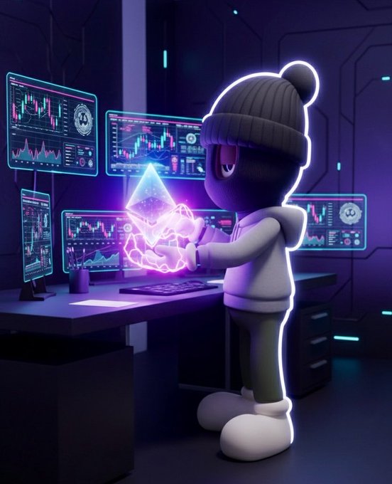 A 3D-rendered cartoon character wearing a beanie and hoodie stands at a desk in a dark, neon-lit room filled with multiple monitors displaying crypto and stock charts, holding a glowing Ethereum symbol.