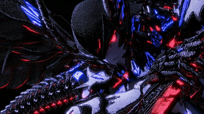 A dark, stylized digital artwork featuring a masked figure surrounded by complex black and metallic mechanical elements illuminated by bright blue and red neon lights.