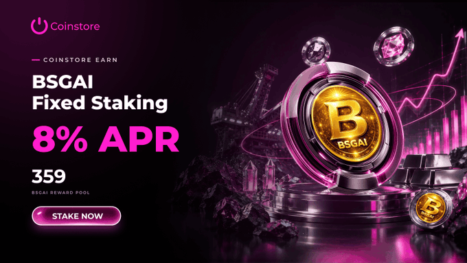 A Coinstore advertisement for BSGAI Fixed Staking offering 8% APR with a 359 BSGAI reward pool, featuring a 'STAKE NOW' button and Bitcoin-themed graphics.