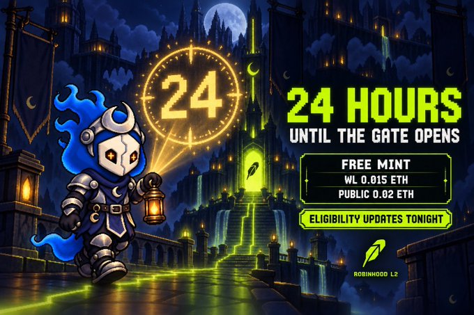 A digital illustration advertises a '24 HOURS UNTIL THE GATE OPENS' NFT free mint on Robinhood L2, featuring a knight character with a lantern against a fantasy castle backdrop, with WL 0.015 ETH and PUBLIC 0.02 ETH pricing.