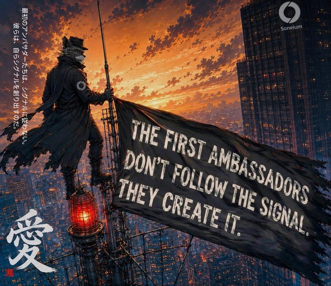 An anime-style illustration showing a figure on a rooftop at sunset holding a banner that reads 'THE FIRST AMBASSADORS DON'T FOLLOW THE SIGNALS THEY CREATE IT.' with a 'Soneium' logo visible.