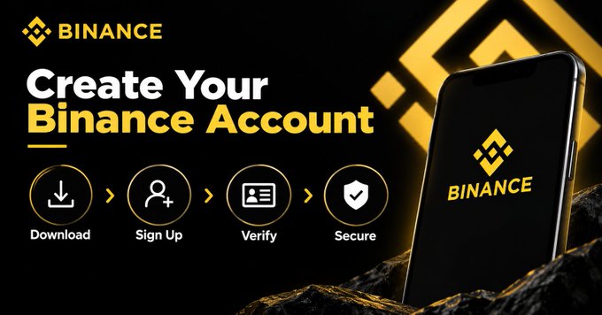 A promotional graphic for Binance displays "Create Your Binance Account" alongside a four-step process illustrated by icons: Download, Sign Up, Verify, and Secure. The image features the Binance logo at the top left and on a smartphone shown against a dark background, visually supporting the post's guidance on setting up an account through registration, verification, and security measures.
