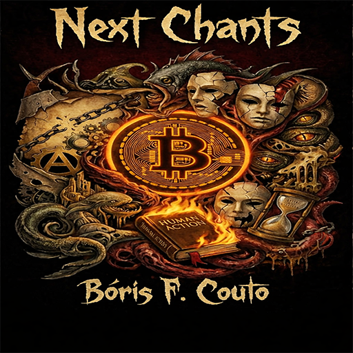 An album cover titled 'Next Chants' by Bóris F. Couto features a dark, surreal illustration with a glowing Bitcoin symbol, classical statues, snakes, an hourglass, and a burning 'Human Action' book.
