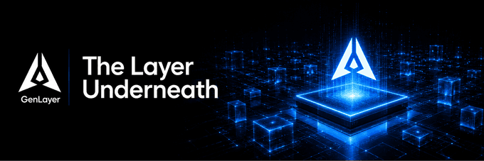 A digital promotional graphic for GenLayer featuring the text 'The Layer Underneath' alongside a glowing blue 3D logo on a dark background with digital cube elements.