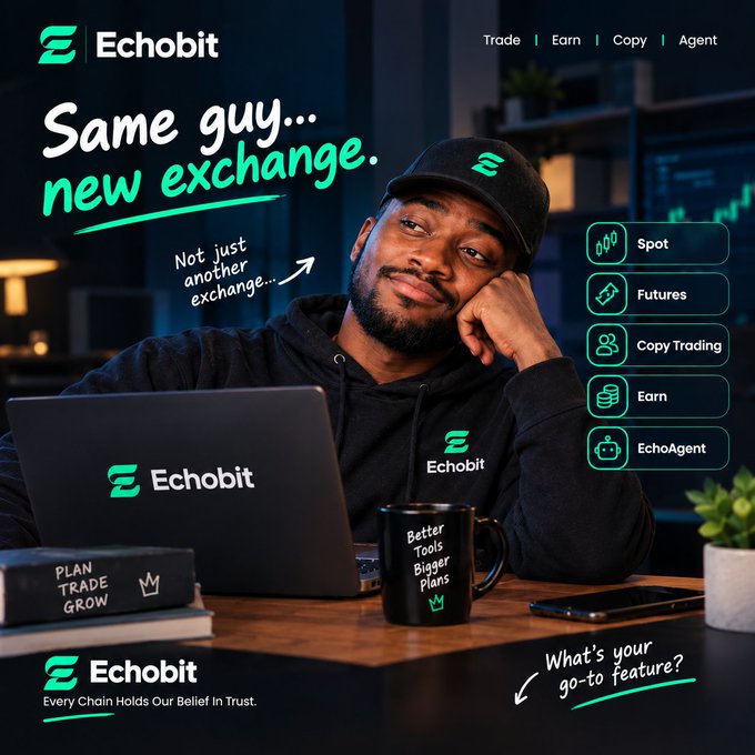 A man in an Echobit hoodie and laptop sits at a desk with a mug reading "Better Tools Bigger Plans," promoting Echobit exchange features (Spot, Futures, Copy Trading, Earn, EchoAgent) with the tagline "Same guy... new exchange." The image aligns with the caption's message by showcasing the platform's advertised tools, while the text critiques judging an exchange by those surface-level offerings rather than real user experience.