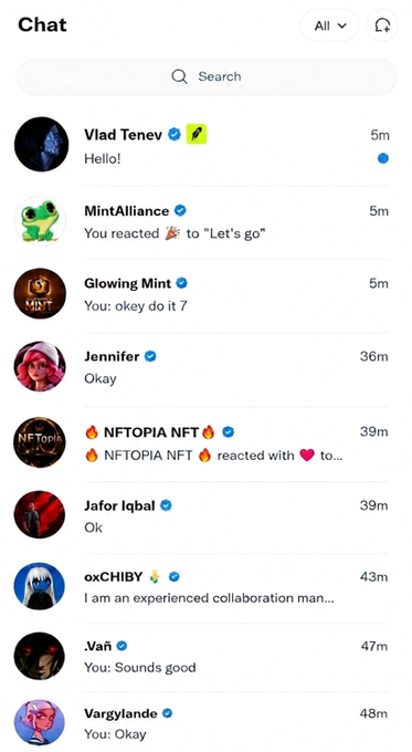 A Robinhood Chat interface showing direct messages from users including Vlad Tenev with "Hello!", MintAlliance, Glowing Mint, Jennifer, NFTOPIA NFT, Jafor Iqbal, oxCHIBY, Vań, and Vargylande, with the post tagging @vladtenev referencing the chat screenshot to pitch the MORVANS universe to Robinhood's CEO.