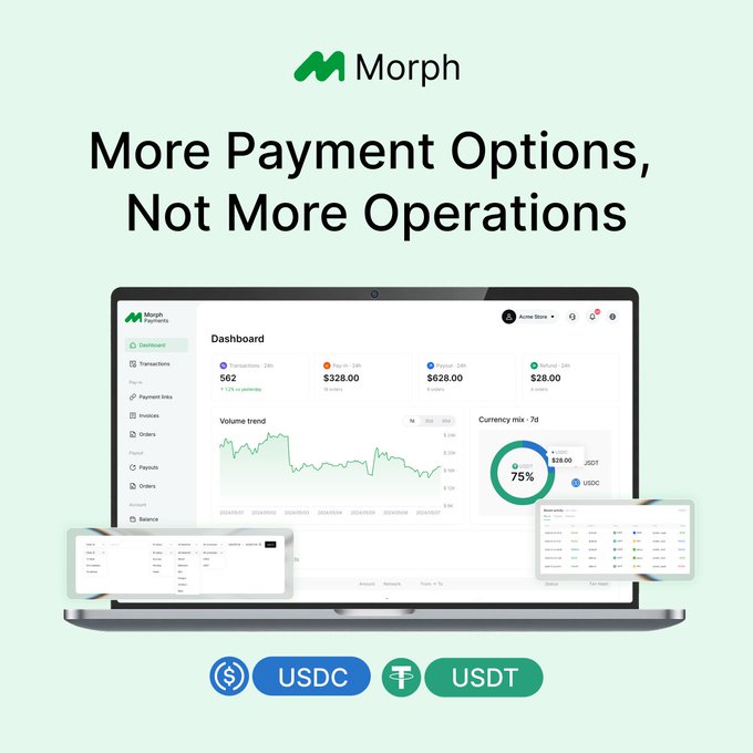 A promotional graphic for Morph Payments features a laptop displaying a dashboard with order metrics (562 transactions, $328.00, $628.00, $28.00) and a 75% USDT currency mix, alongside smaller windows showing an order details page and transaction history, all positioned above USDC and USDT buttons.

The image visually supports the post by showcasing Morph Payments' ability to consolidate stablecoin transactions (USDT/USDC) into a unified dashboard, directly illustrating the solution for managing wallet payments, matching transfers to orders, and eliminating the need for separate spreadsheets.