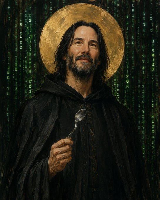 Schmeanu Reeves is depicted as a haloed monk in a black robe holding a spoon, set against a dark background of falling green digital code that includes the number '7271470H'.