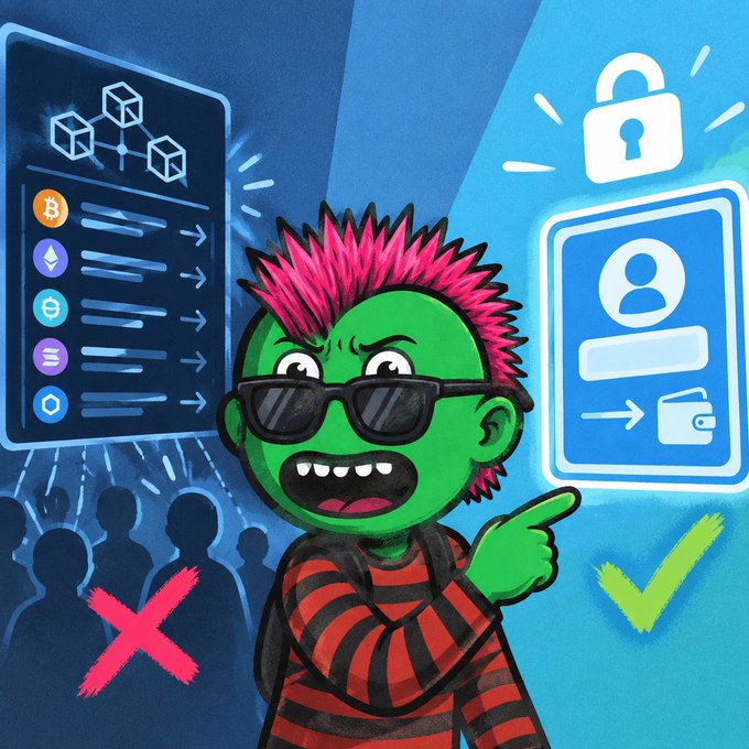 A green-skinned cartoon character with a pink mohawk and sunglasses points toward a digital ID card and wallet icon (marked with a green checkmark), while a red "X" crosses out anonymous figures on the left beside a screen listing crypto tickers (BTC, ETH, SOL, etc.) — visually illustrating how the messaging app replaces exposed on-chain wallet histories with private, name-based transactions.