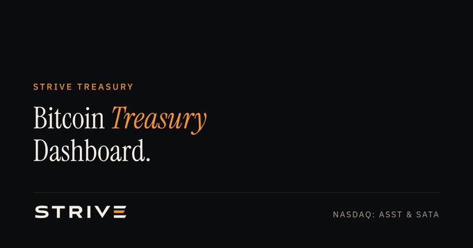 A dark graphic with text reading 'STRIVE TREASURY' above 'Bitcoin Treasury Dashboard.', alongside the 'STRIVE' logo and the stock tickers 'NASDAQ: ASST & SATA'.