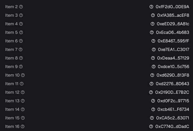 The image displays a list of items (Item 2 through Item 16) with corresponding hexadecimal addresses, likely representing NFT holders or wallet addresses. This appears to be a tracking list related to the post about refund distribution, possibly showing the eligible addresses that received refunds for the NFT project.