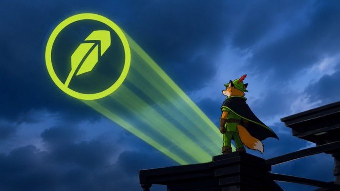 A cartoon fox dressed as Robin Hood stands on a rooftop, projecting a glowing green feather signal into the cloudy night sky, symbolizing the Robinhood brand reaching retail investors. The imagery reinforces the post's point about Robinhood's unique outreach to retail compared to competitors like Coinbase and Solana.