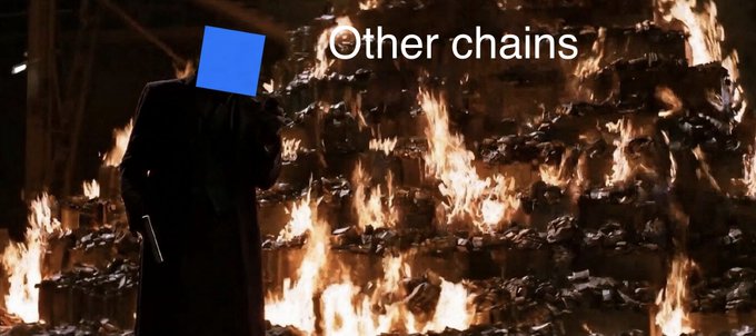 A meme image showing a figure with a blue square over its face standing in a burning landscape with the text 'Other chains' overlaid.