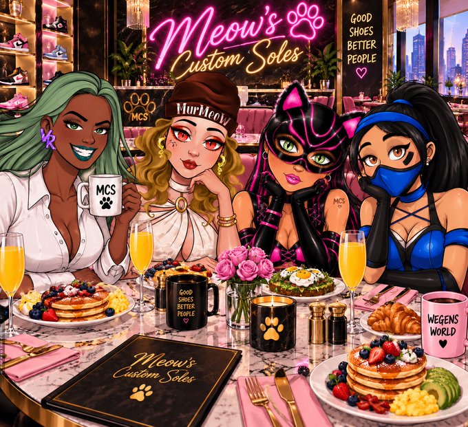 An illustration shows four stylized women enjoying brunch at 'Meow's Custom Soles' cafe, with neon signage reading 'Good Shoes Better People' and 'Wegens World' visible on mugs.