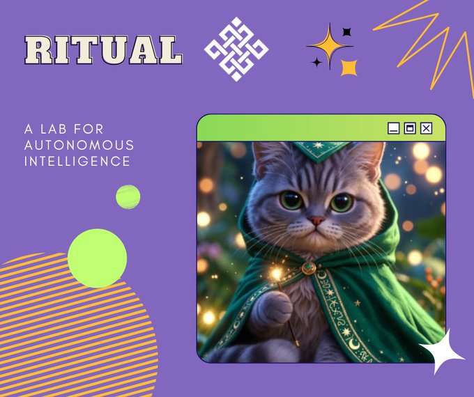 The image features a cat wearing a green cape with a star pattern sitting inside a purple frame, which has a white circle with a green dot in the center of it. The background includes yellow stars and circles, as well as a purple square containing a white circle with a green dot. The text "ritual" is written above the cat's head, while the phrase "a lab for automorphic intelligence" is below the cat.