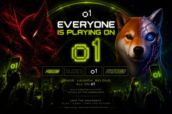 A neon-lit promotional banner for "01 Exchange" features a red fox with a glowing blue cybernetic eye alongside a shadowy figure, with text reading "EVERYONE IS PLAYING ON 01" and tags "FALCON," "ALTCOIN INSIDER," "01," and "FATCOIN," promoting the tagline "Trade. Launch. Belong. All on 01. Built for the players, driven by the community." The image visually reinforces the post's message about more runners gathering at @o1_exchange by depicting a crowd of silhouetted figures holding up phones displaying the "01" logo, symbolizing the growing community of users.