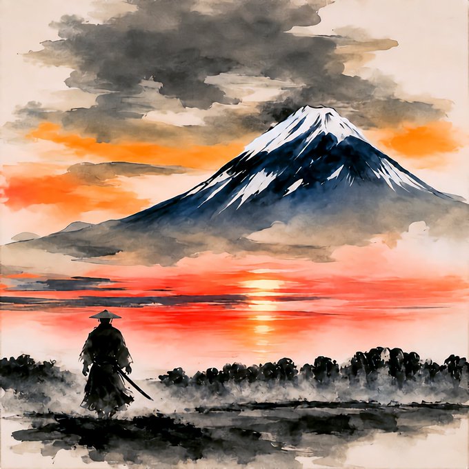 A watercolor-style illustration of a samurai standing before Mount Fuji at sunset, with dramatic dark clouds and a red sky.